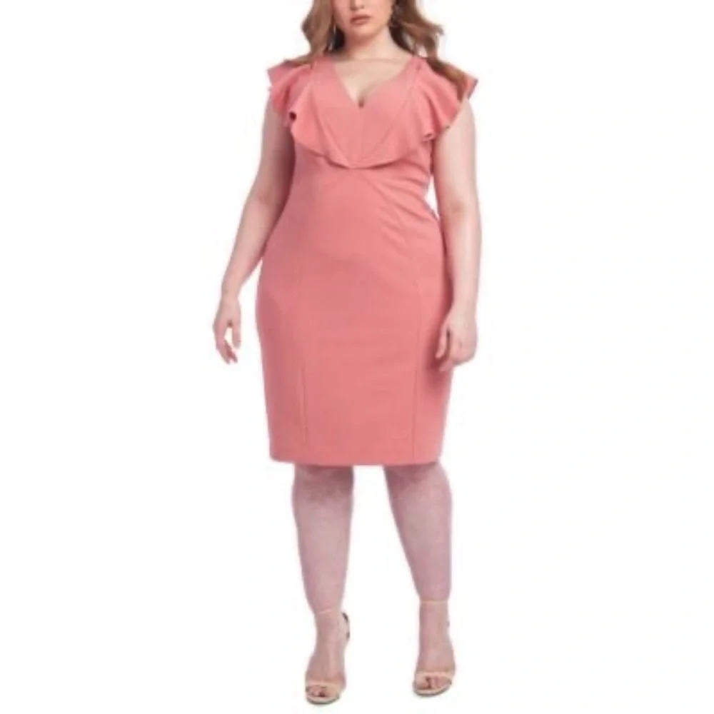 NEW Rachel Roy Lydia Dress Guava Punch Ruffled Sheath Women’s Plus Size 20W - Picture 1 of 4